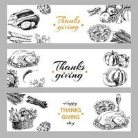 A set of vector hand-drawn banners for Thanksgiving. An illustration in a vintage sketch style. Retro food sketch illustration.