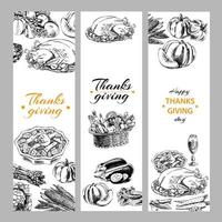 A set of vector hand-drawn banners for Thanksgiving. An illustration in a vintage sketch style. Retro food sketch illustration.