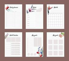 Planner template, vector elements for calendars and organizers, diary pages with habit tracker, weekly planner, year goals, daily tasks
