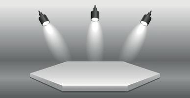 Realistic hexagonal white podium in dark studio - Vector