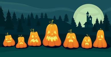 calabazas de vacaciones realistas sobre fondo de luna de halloween - vector