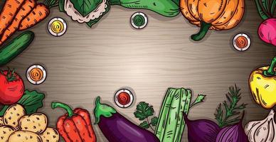 Realistic various vegetables on wooden background - Vector