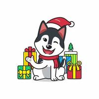 Vector cartoon character siberian husky dog with gifts