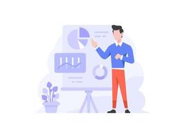 ilustración vectorial empleador de negocios haciendo presentación gráfico gráfico hablar discusión trabajo en equipo personas personaje estilo diseño plano vector