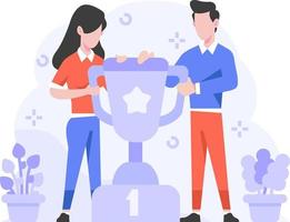 Business man and woman amazing have winner championship competition best and get trophy medal cup people character flat design style Vector Illustration