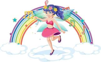 Beautiful fairy standing on a cloud with rainbow vector