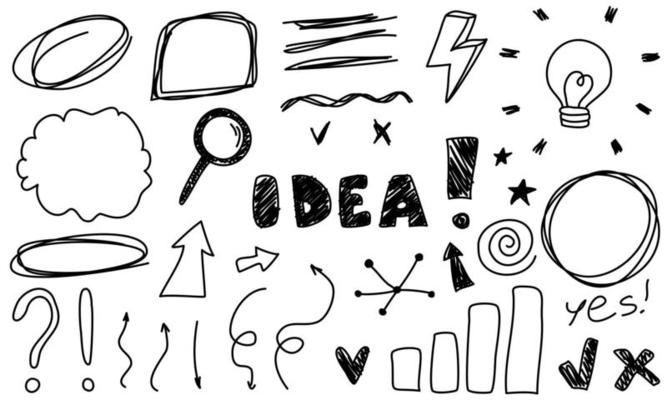 Doodle idea frames line arrows heart light bulb. Sketch magnifier set cute isolated collection for office.