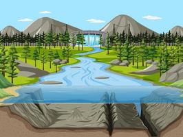 paisaje de escena de la naturaleza con fondo de lago y presa bajo el agua vector