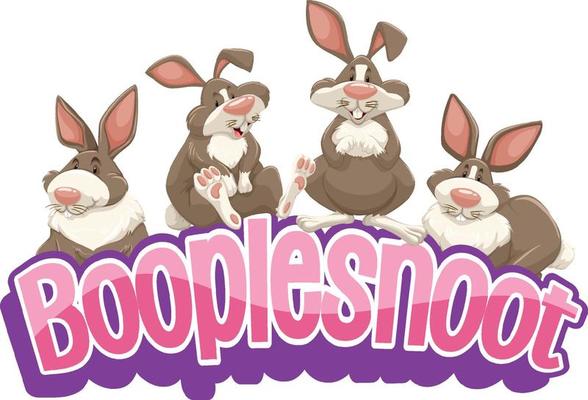 Many rabbits cartoon character with Booplesnoot font banner isolated