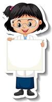 Scientist girl holding empty board cartoon character sticker vector