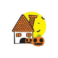 antigua casa de miedo con ventanas luminosas por la noche. paisaje de dibujos animados de vector con mansión de madera espeluznante, valla rota, siluetas oscuras de árboles y luna en el cielo. halloween espeluznante ilustración de la casa de la bruja