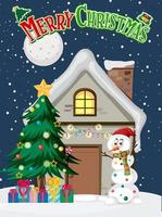 Merry Christmas poster with snowman and winter house vector