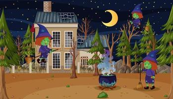 Witch riding a broom in front of haunted house in the woods vector