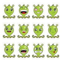 green cartoon alien vector illustration with happy and funny facial expressions