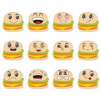 Ilustración de vector de dibujos animados de hamburguesa con expresión facial feliz y divertida