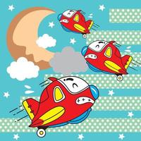Avión de dibujos animados en la ilustración de vector de vuelo - plantilla de fondo divertido