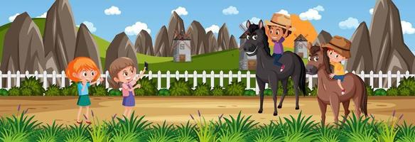 Panorama landscape with kids riding horses at the park vector