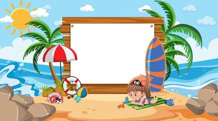 Empty banner template with kids on vacation at the beach daytime scene