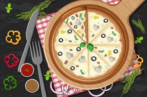 Pizza on wooden plate with various vegetables on table background vector