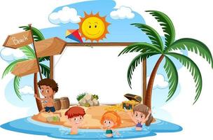 Plantilla de banner vacío con carácter de niños en vacaciones de verano en la playa sobre fondo blanco. vector