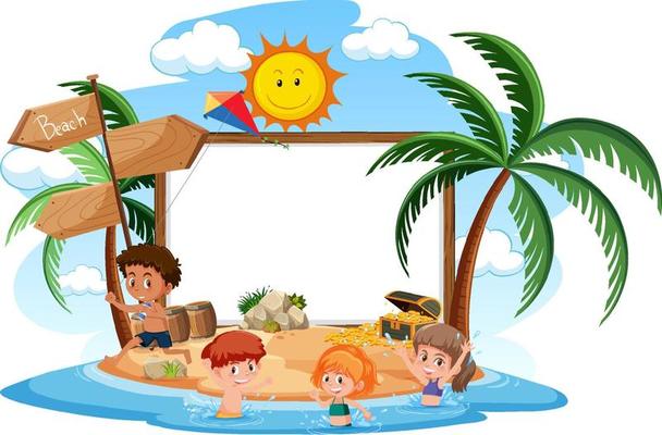 Empty banner template with kids character on summer vacation at the beach on white background