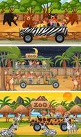 Conjunto de diferentes escenas horizontales de safari con personajes de dibujos animados de animales y niños vector