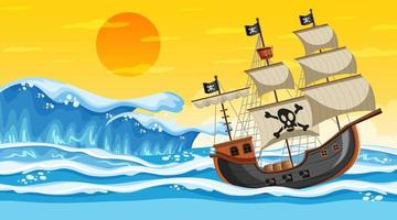 Escena del océano al atardecer con barco pirata en estilo de dibujos animados vector