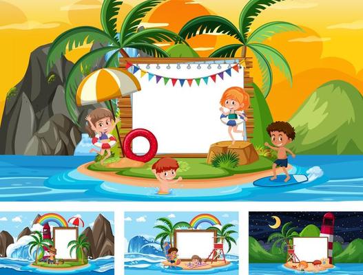 Set of blank banner in different tropical beach scenes