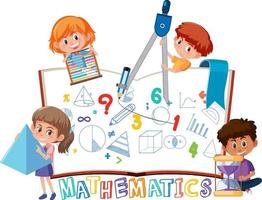 Los niños que aprenden matemáticas con herramientas en el libro aislado vector