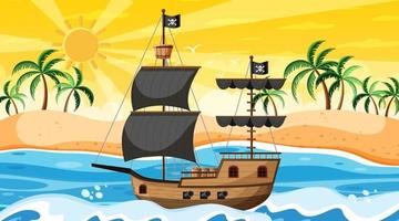 Océano con barco pirata en la escena del atardecer en estilo de dibujos animados
