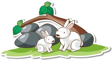 Two white rabbits with nature element sticker vector