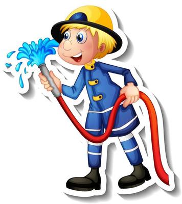 Sticker design with a fireman cartoon character