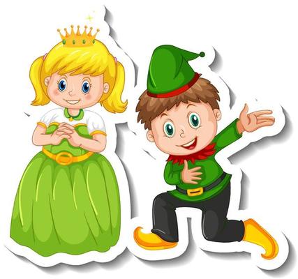 Sticker template with little princess and a boy cartoon character isolated