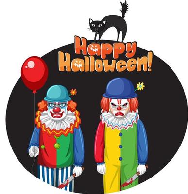 Happy Halloween badge with two creepy clowns