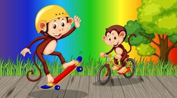 Monkeys doing different activities on rainbow gradient background vector