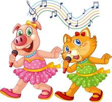 Little cute piglet and kitten singing with microphone vector