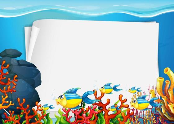 Blank paper template with exotic fishes cartoon character in the underwater scene