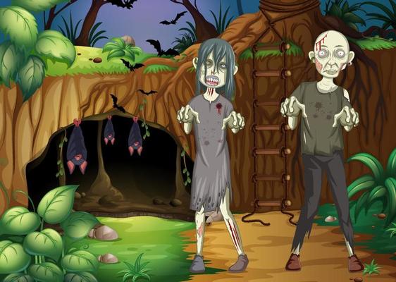 Dark forest scene with creepy zombies cartoon character