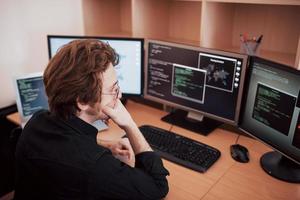 Programador masculino que trabaja en una computadora de escritorio con muchos monitores en la oficina en la empresa de desarrollo de software. tecnologías de programación y codificación de diseño de sitios web