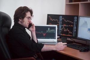 Over the shoulder view of and stock broker trading online while accepting orders by phone. Multiple computer screens ful of charts and data analyses in background photo