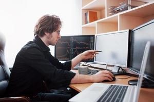 Stressful day at the office. Young businessman holding hands on his face while sitting at the desk in creative office. Stock Exchange Trading Forex Finance Graphic Concept photo