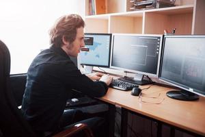 Programador masculino que trabaja en una computadora de escritorio con muchos monitores en la oficina en la empresa de desarrollo de software. tecnologías de programación y codificación de diseño de sitios web