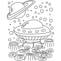 UFO coloring book page, spaceship on the surface with craters and fantasy patterns vector