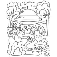 UFO fantasy coloring page, spaceship in the forest and night sky, vector