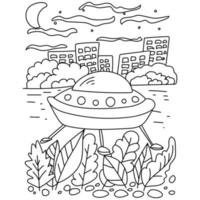 UFO coloring page with spaceship on the background of the city and the night sky vector