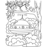 UFO hidden under a tree, fantasy flying saucer coloring page vector