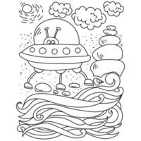 UFO with an alien on the seashore, coloring page with an aircraft on the seashore vector