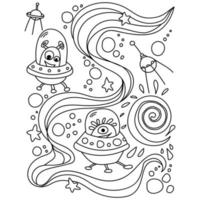 UFO page with funny characters and ornate patterns, outline page for kids activity on a space theme vector