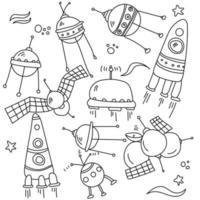 spacecraft doodles, outline satellites and rockets for coloring pages or design vector