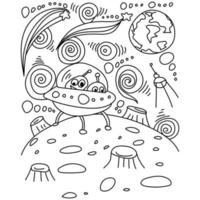 UFO coloring page with spaceship, asteroid and open space, fantasy outline illustration with aliens vector